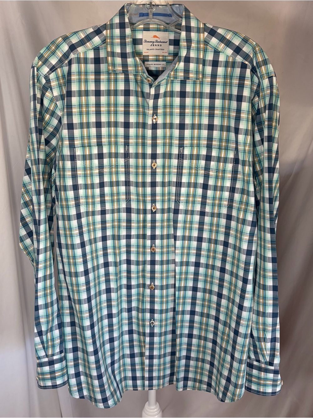 Tommy Bahama Jeans Plaid Long-Sleeve Button-Down Shirt Teal & Navy Size Large